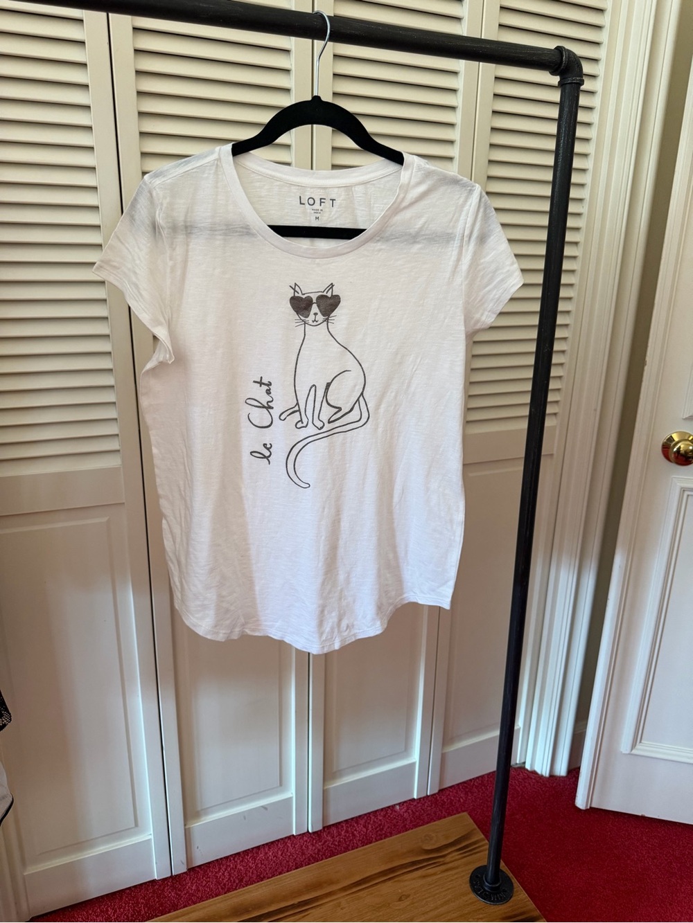 LOFT White Short Sleeve Tee with Cat Sketch